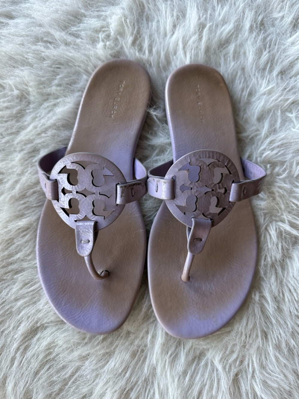 Tory Burch Leather miller double T Logo Thong Sandals in Lavender